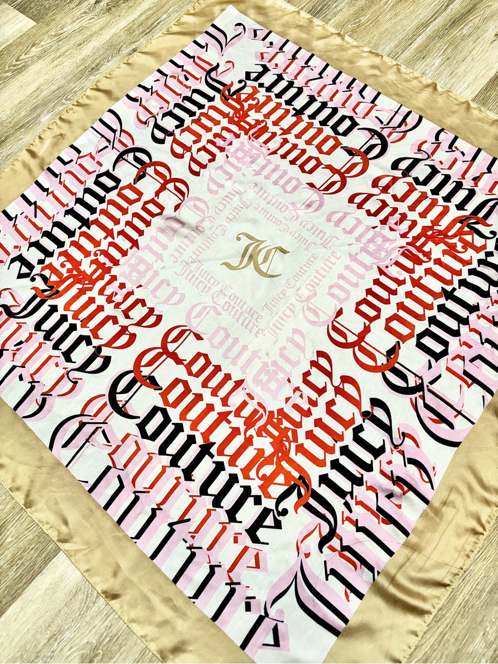Juicy Couture Beige Scarf with Pink Logo Tab and Black Accents